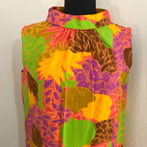 Vintage 60s 70s Maxi Dress Tiki Tropical Floral Cotton Orange Retro Mod M 8 10 - Picture 2 of 14